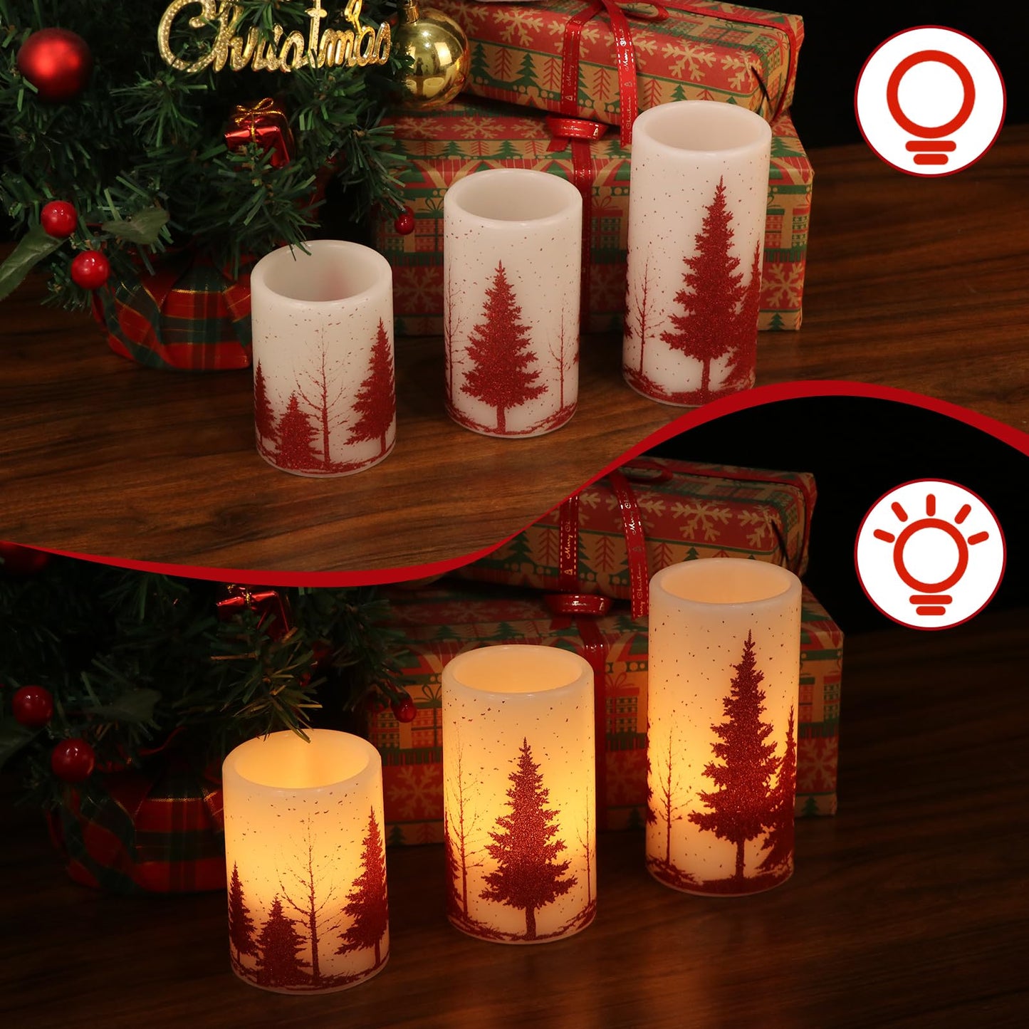 Wondise Flickering Flameless Candles with Timer, Battery Operated Real Wax Warm Light Red Christmas Tree Decal Candle for Home Decoration Christmas Gifts, Set of 3(D3 x H4/5/6 Inch)