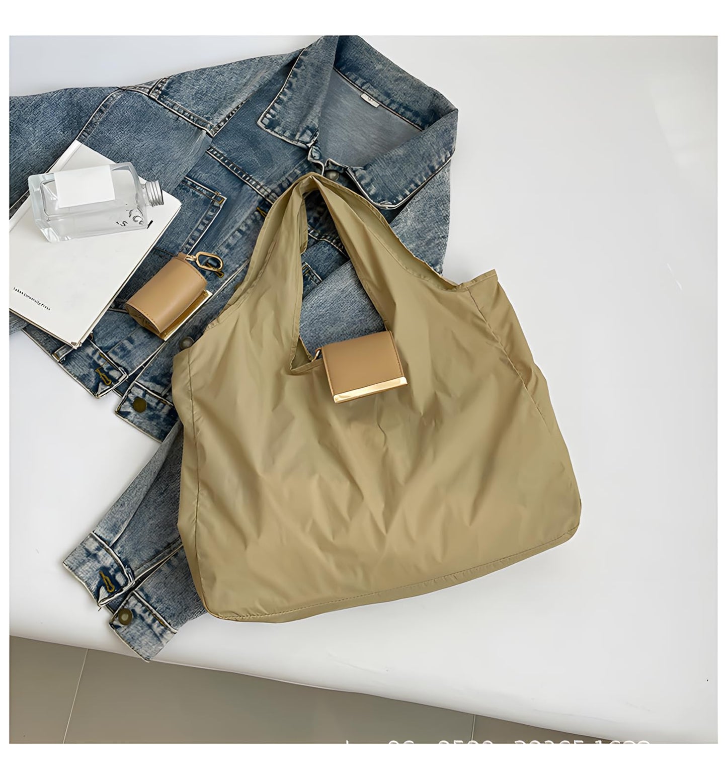 Locus Amoenus Foldable Reusable Shopping Bag Keychain, Portable Eco-Friendly Grocery Tote Bag for Women, Lightweight Travel Shopping Bag (Beige)