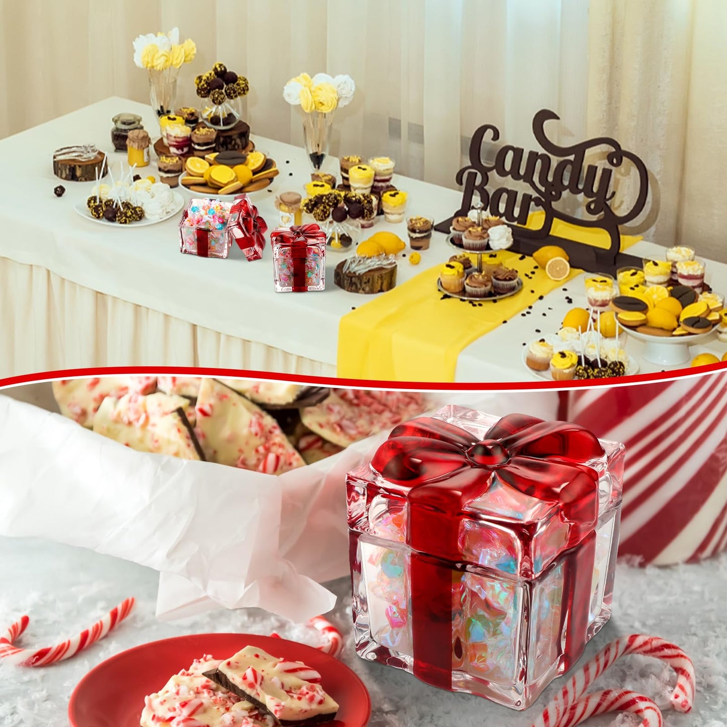 Suttmin 2 Pcs Peppermint Candy Christmas Dishes 4. 7" Crystal Box Glass Jar with Lid Red and White Dish Christmas Gift Dishes Xmas Square Sugar Bowl for Xmas Peppermint Candy Party Supply
