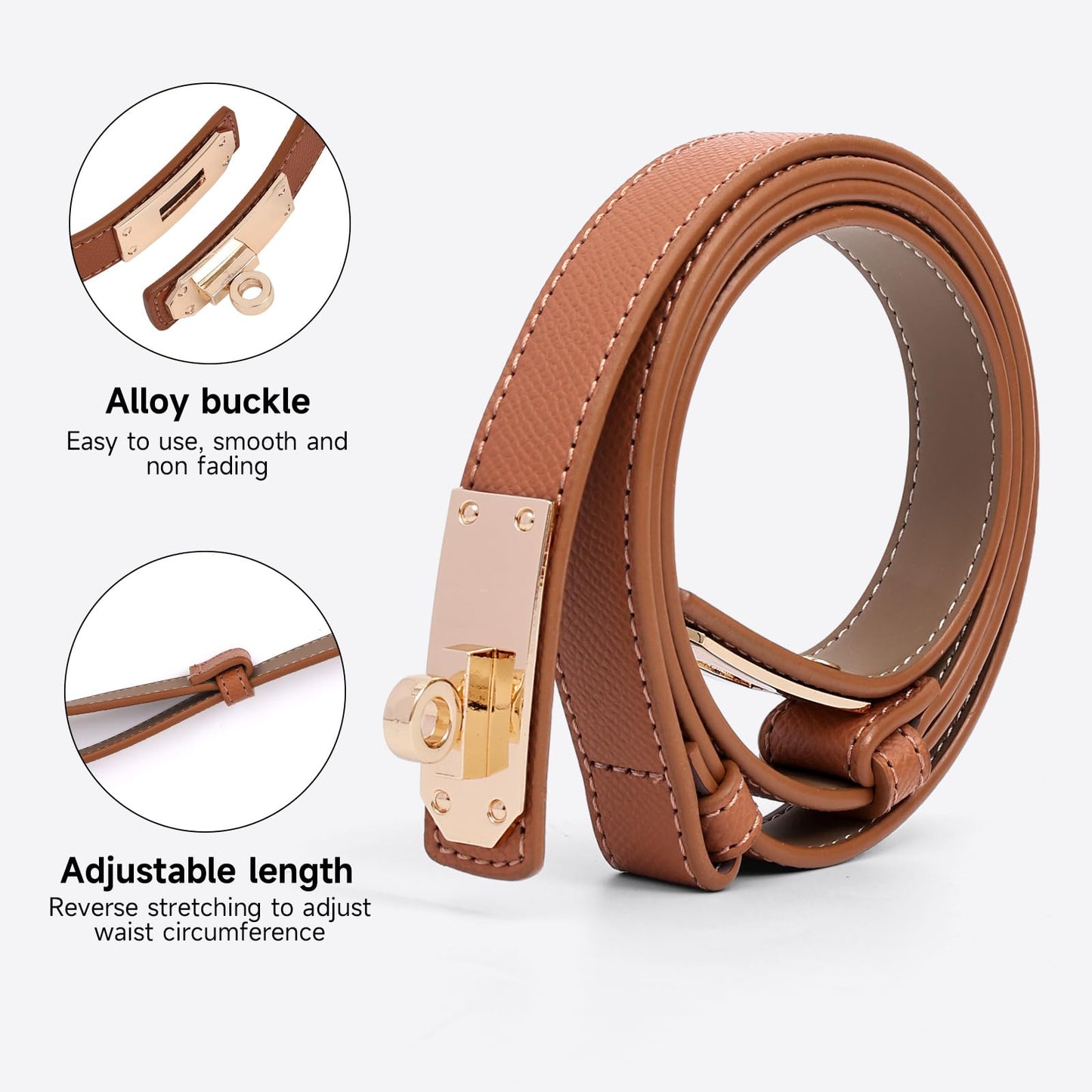 Asaloy Women's Thin Leather Belts with Turn Lock Buckle,Belt Women Adjustable for Pants Dresses Jeans Coats (Caramel Gold Buckle+Black Gold Buckle(2 piece), Waist Size Below 37 Inches)