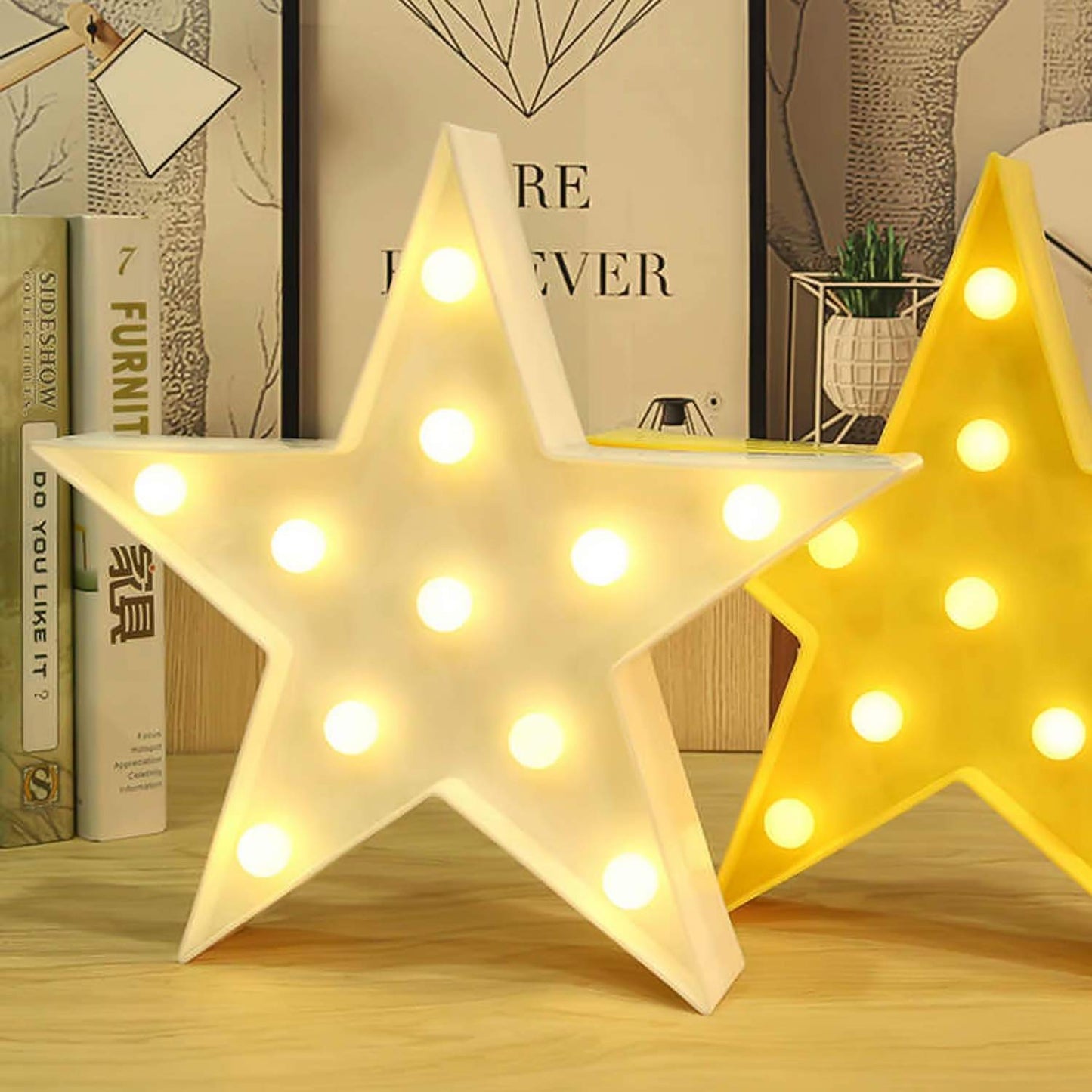 Novelty Place Star Marquee Sign Lights, Warm White LED Lamp - Living Room, Bedroom Table & Wall Christmas Decoration for Kids & Adults - Battery Powered 10 Inches High