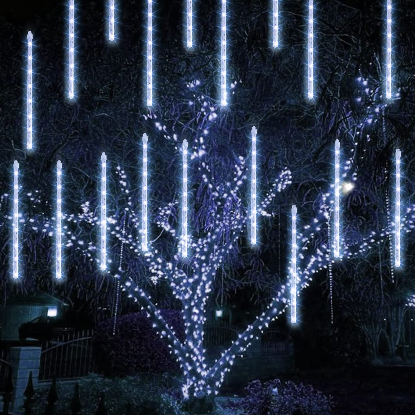 TW SHINE White Christmas Meteor Shower Lights Outdoor, 288LED 12" 8 Tubes Waterproof Christmas Lights Outdoor Plug in, Snow Falling Rain Icicle Xmas Light Decorations, White
