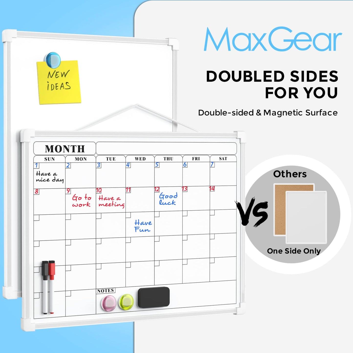 MaxGear Monthly Calendar Dry Erase Board for Wall, 16"x12" Small Hanging Double-Sided White Board, Portable Whiteboard for Planning, Drawing, Memo, to Do List, School, Home, Kitchen, Office