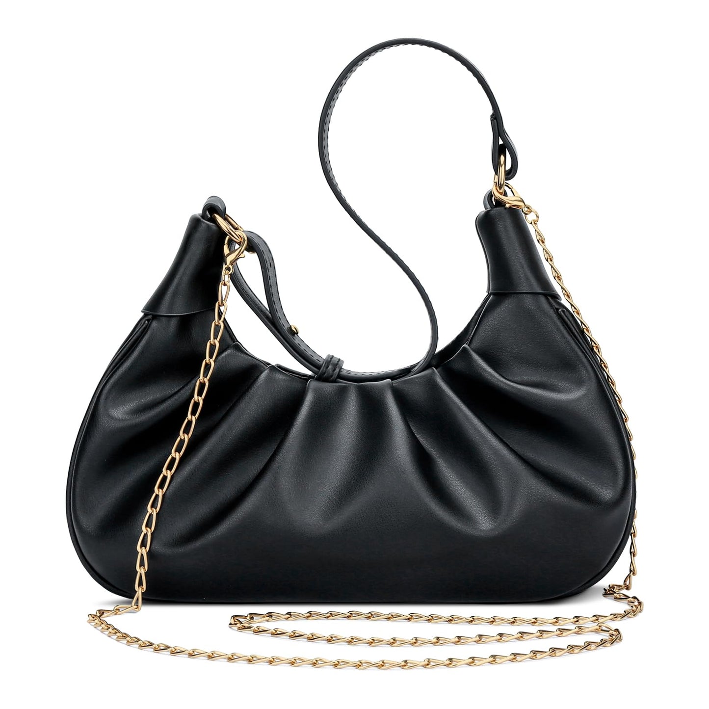 KKXIU Shoulder Bag Crescent Handbag Ruched Purse Underarm Bag Mini Hobo for Women, Detachable Gold Chain Crossbody Bag - Black