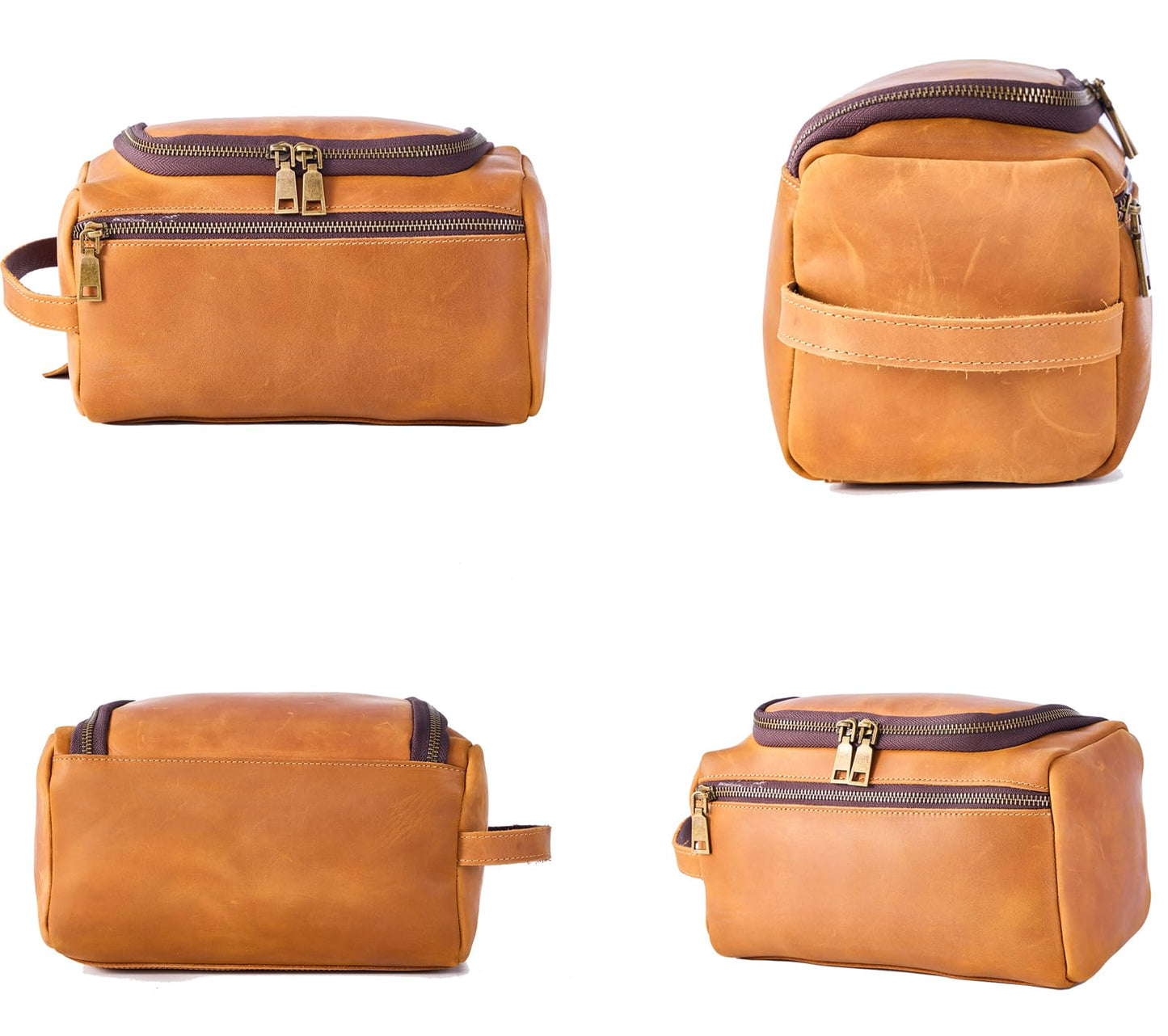 EURYNOME Leather Unisex Toiletry Bag Travel, Genuine Leather Shaving Dopp Kit -Mens Toiletry Bag With Hook -Makeup Cosmetic Organizer Kit - Men Travel Toiletries Bag Groomsmen Gift