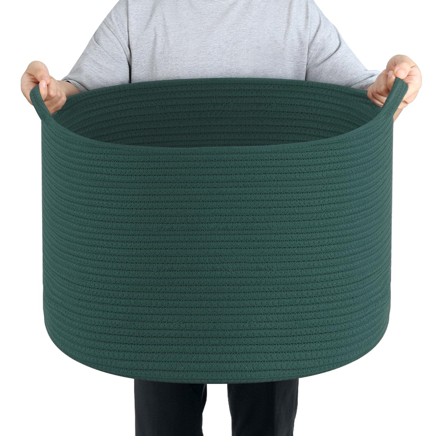 Maliton Woven Rope Basket for Blankets, Extra Large Storage, Green Laundry Hamper, Baby and Pet Toy Storage, Big Towel Basket, 22" x 22" x 14" Blanket Holder, Cotton Rope Bin