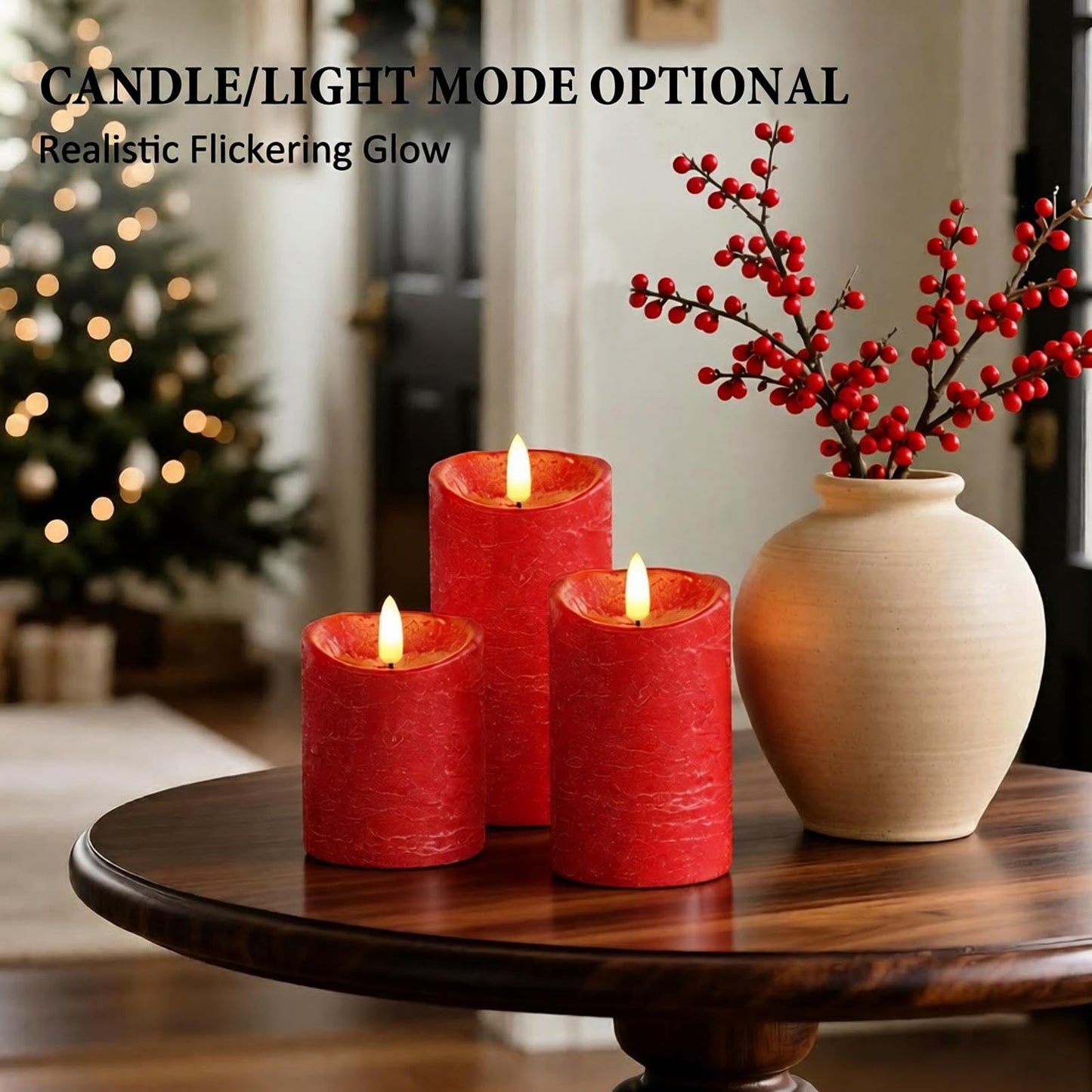 Flameless Candles, Battery Operated Led Lights Candle 3 Pack, Christmas Decorations Home Decor, Flickering Light White Pillar Candles with Real Wax Remote Control Timer. 3x3, 3x4, 3x5 inches, Red