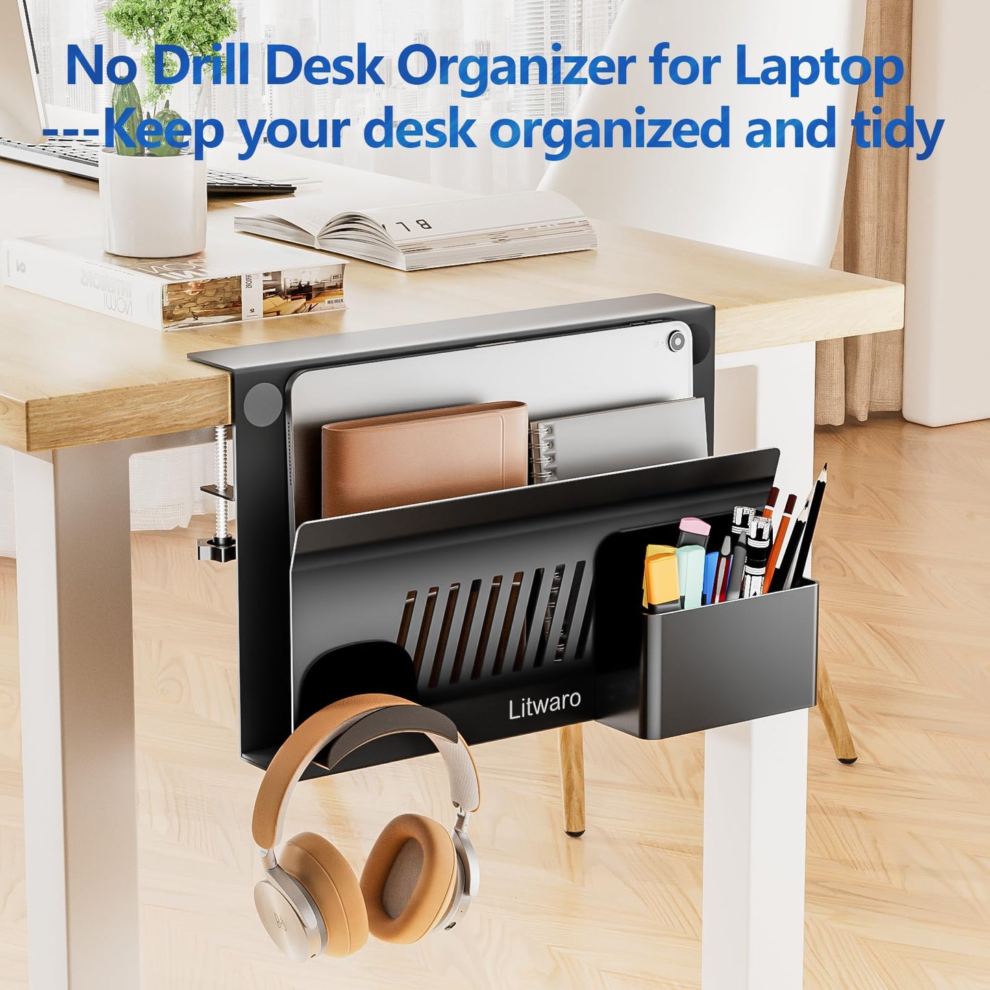 Litwaro Desk Side Storage Organizer, No Drill Laptop Holder Clamp on Desk Shelf with Magnetic Pen Holder, Hanging Organizer Fits Flat Edge Desks 0.4" to 2.1" (Black)