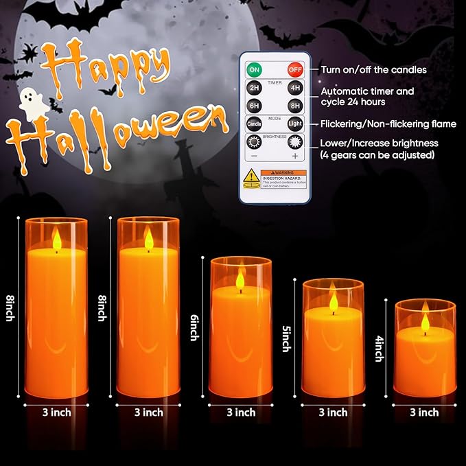 Homemory Halloween Orange Flameless Candles, Battery Operated LED Candles with Remote and Timer, Candles for Halloween Decoration, Fall, Harvest Festival, Set of 5