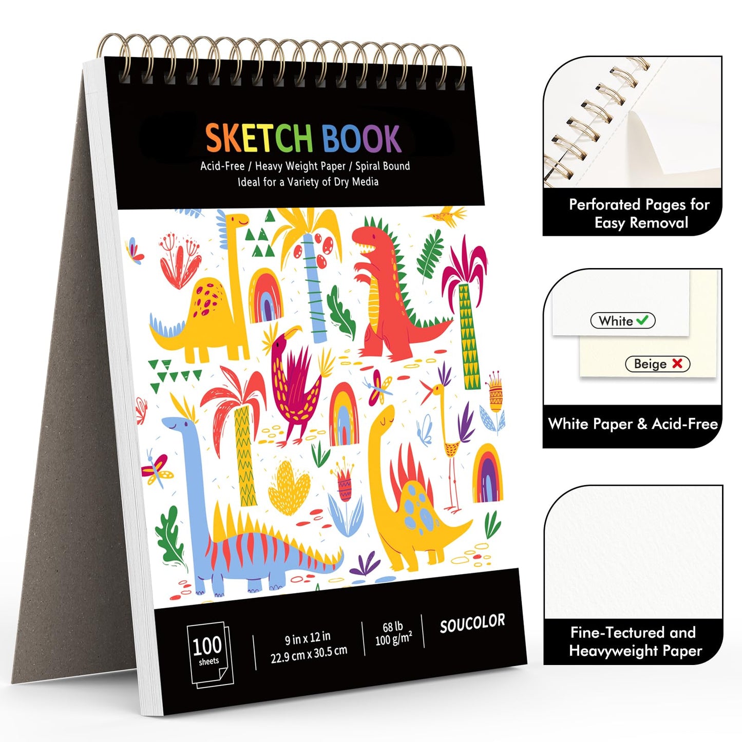 Soucolor 9" x 12" Sketch Book, 100 Sheets Spiral Bound Art Sketchbook, Acid Free Artist Drawing Book Paper, Art Supplies for Adults, Craft Activities, Sketch Paper for Drawing Coloring Sketching