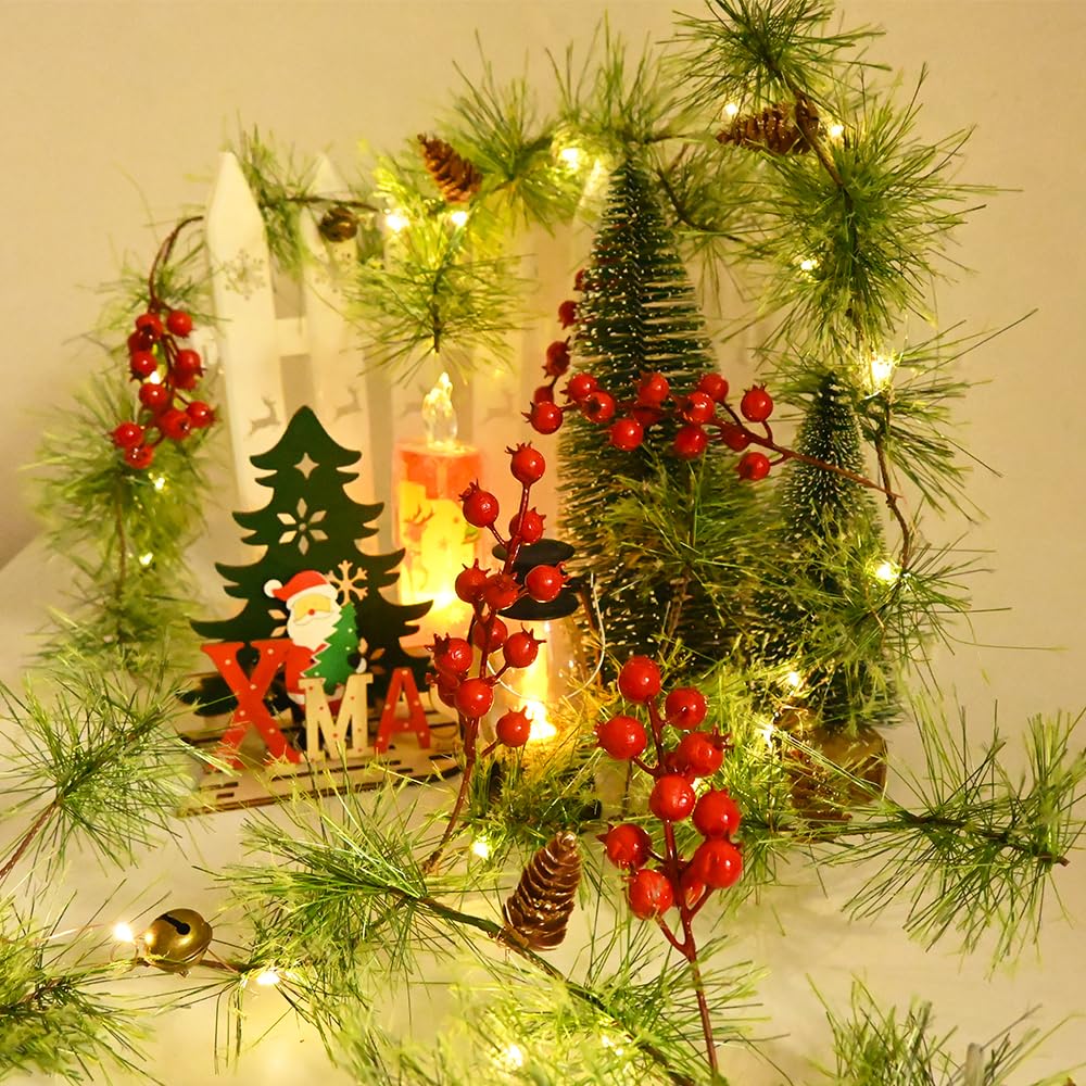 ChiRee Christmas Garlands 6.56FT 30 LED Smokey Pine Garlands with Lights Battery Operated Pine Cone Garland with Red Berry Bells Green Garland Christmas Decorations for Xmas Holiday Indoor Outdoor