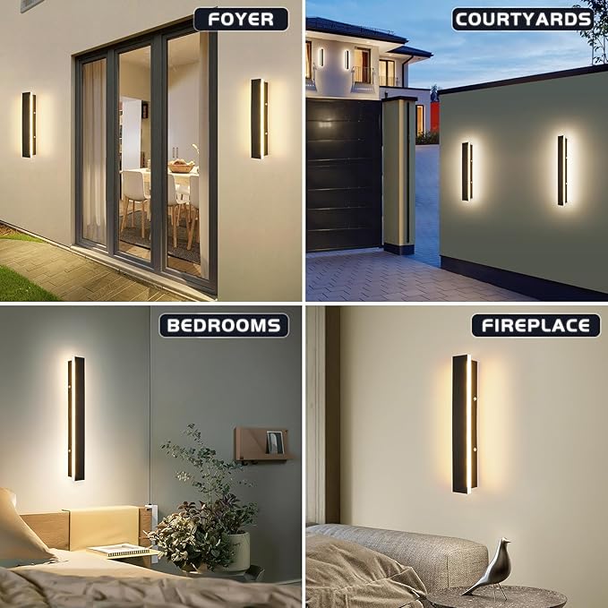 Mikeru 2 Pack Outdoor Wall Light,11.82 Inch 3 Color Wall Sconce(3000/4000/6000K) Front Porch Light, Ip65 Waterproof Black Exterior Wall Light, Exterior Wall Lights for House Courtyard Balcony Porch