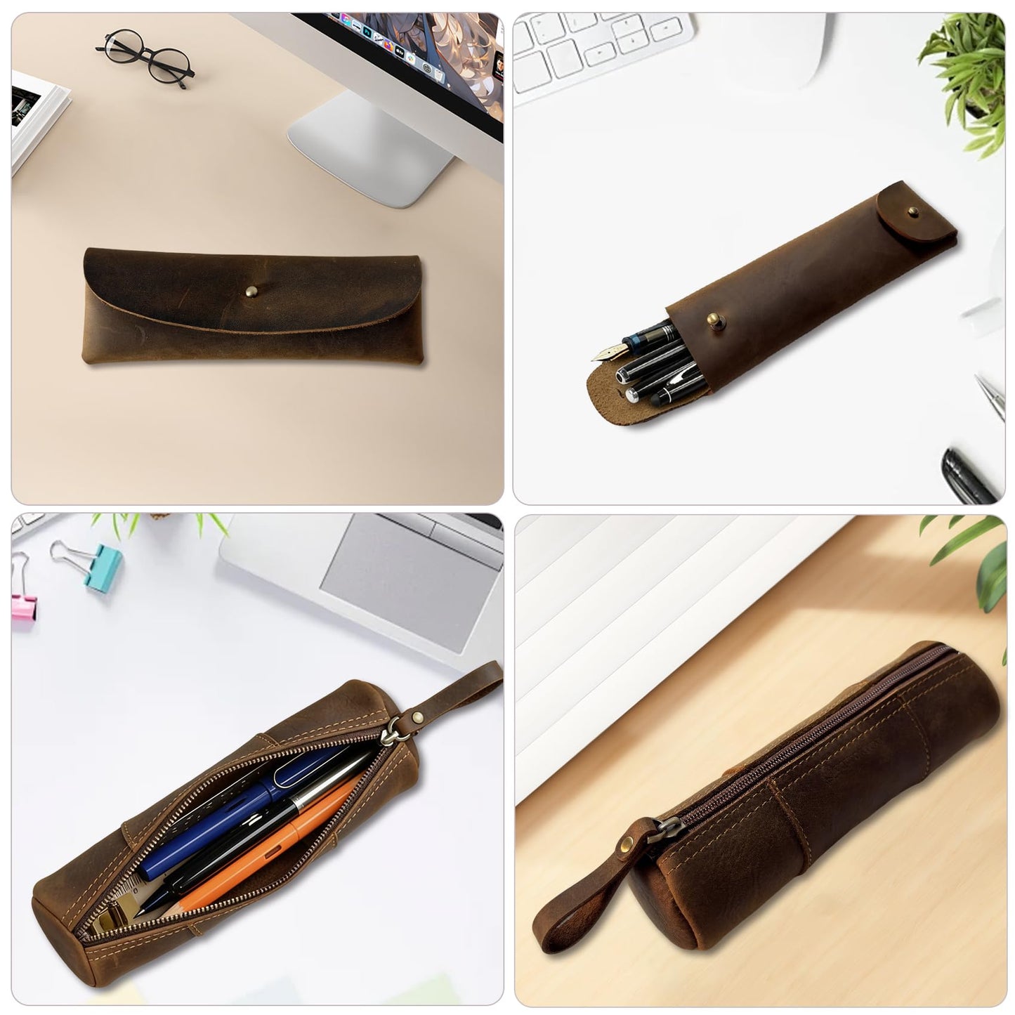 ququfortuna leather pencil case set -2pcs full grain leather zippered pen pouch bag, handmade stationery storage, elegant gift with high-end pencil pouch (brown set) (SET)