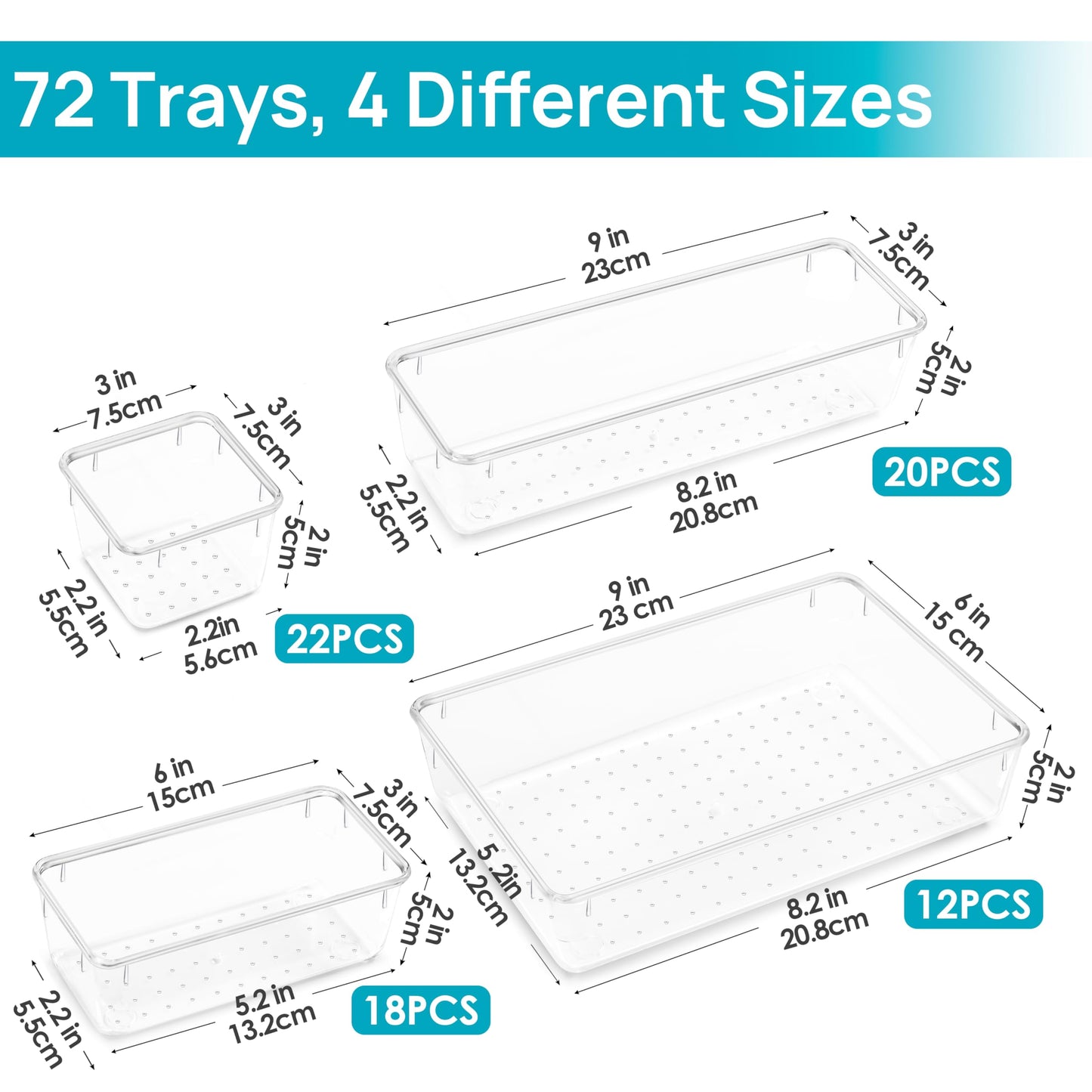 Vtopmart 72 PCS Clear Plastic Drawer Organizers Set, 4-Size Versatile Bathroom and Vanity Organizer Trays, Non-Slip Storage Containers for Makeup, Jewelries, Bedroom,Kitchen Utensils and Office