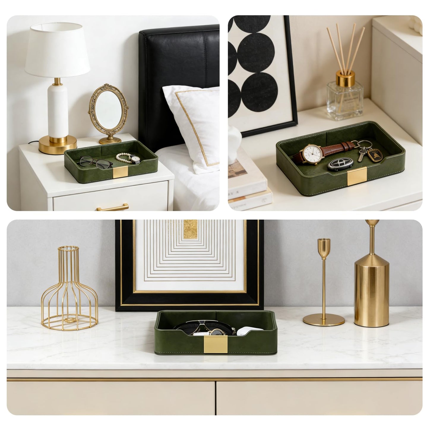 HPZIHYNAP Green Luxury Leather Jewelry Tray - Stylish Desk Accessories & Nightstand Organizer for Holding Jewelry, Watch, Keys, Phone & Wallet (Entryway/Desktop Decor)
