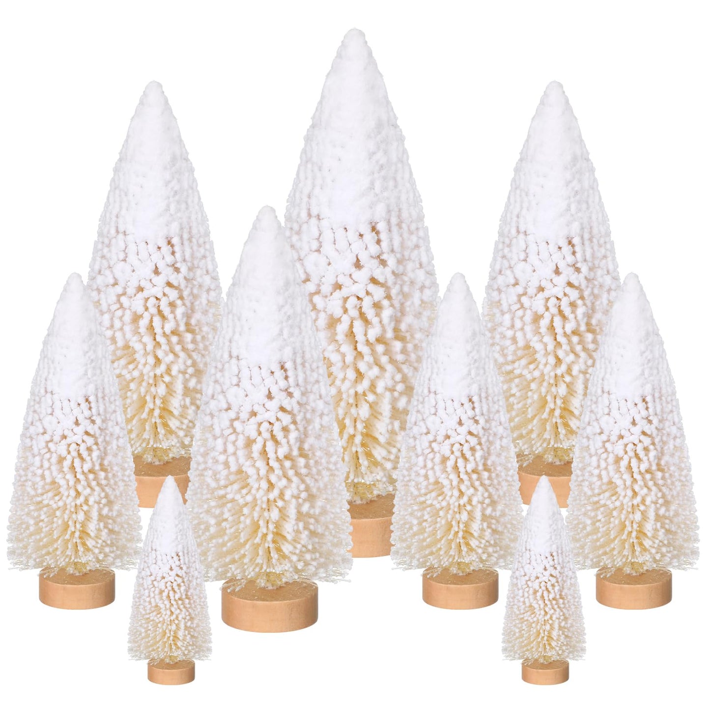 Leyndo 9 Pcs White Snow Flocked Artificial Mini Christmas Tree Sisal Bottle Brush Trees with Wood Base Christmas Pine Trees for Autumn Winter Holiday Kitchen Home Party Decor