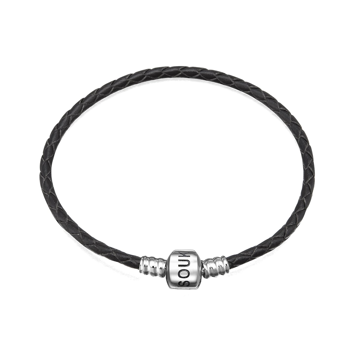 SOUKISS Genuine Black Leather Woven Bracelet with 925 Sterling Silver Barrel Snap Clasp Bead Bracelet for Charms (20 cm-7.9 inches)
