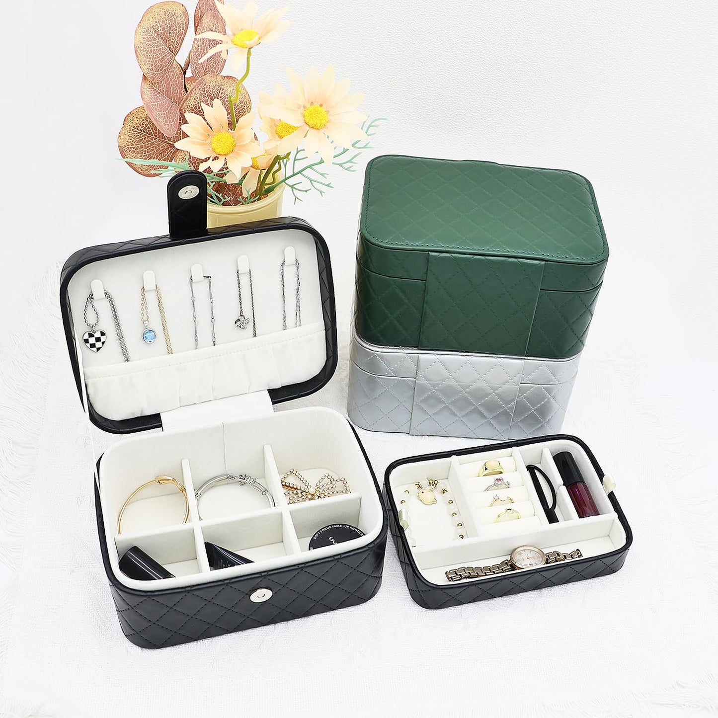 Cuifdem Jewelry Travel Case, 2-Layer Jewelry Box Organizer Medium Jewelry Travel Box, Portable Faux Leather Jewellery Storage Boxes with Argyle for Women, Daily Jewellery Case Home Use (Pure black)
