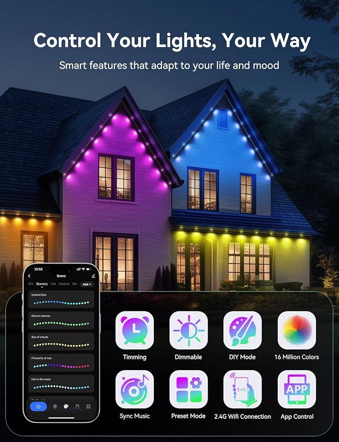 Permanent Outdoor Lights for House, RGB+IC IP67 Waterproof Smart Eave Lights 100ft with 72 LED, Eternity Lighting for Holiday Daily Decor, Work with Remote, APP
