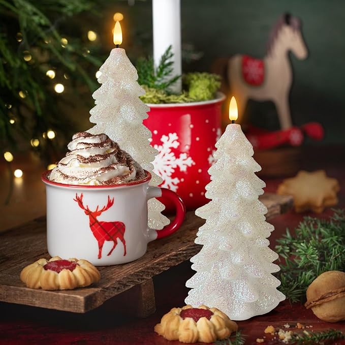 Christmas Tree Shaped Flickering Flameless Candles, Glittering White Real Wax Battery Operated LED Candles with Timer for Christmas Home Party Decoration Set of 2