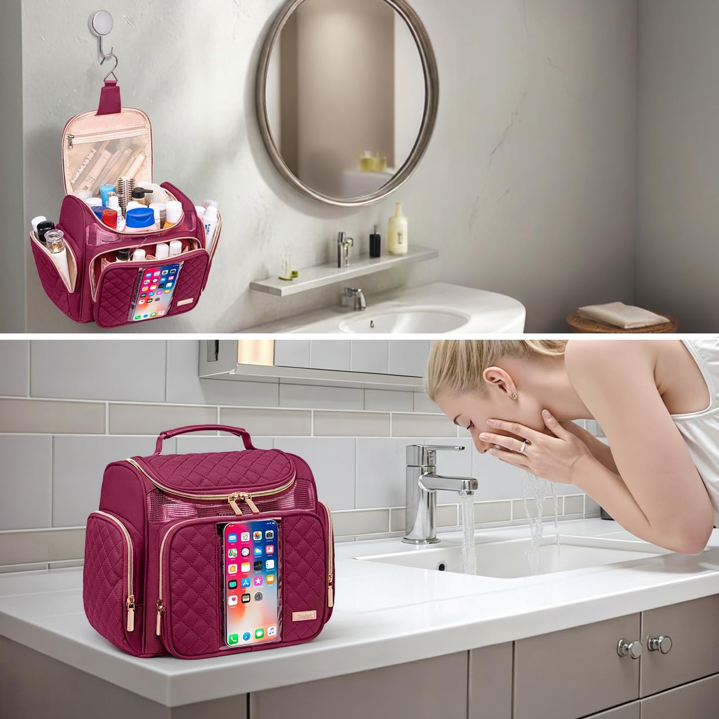 Tealari Large Toiletry Bag for Women Men,Bathroom Bag,Water Resistant Shower Bag,Makeup Bag,Portable Shower Caddy for College Dorm,Hanging Travel Toiletry Bag with Transparent Waterproof Phone Pocket