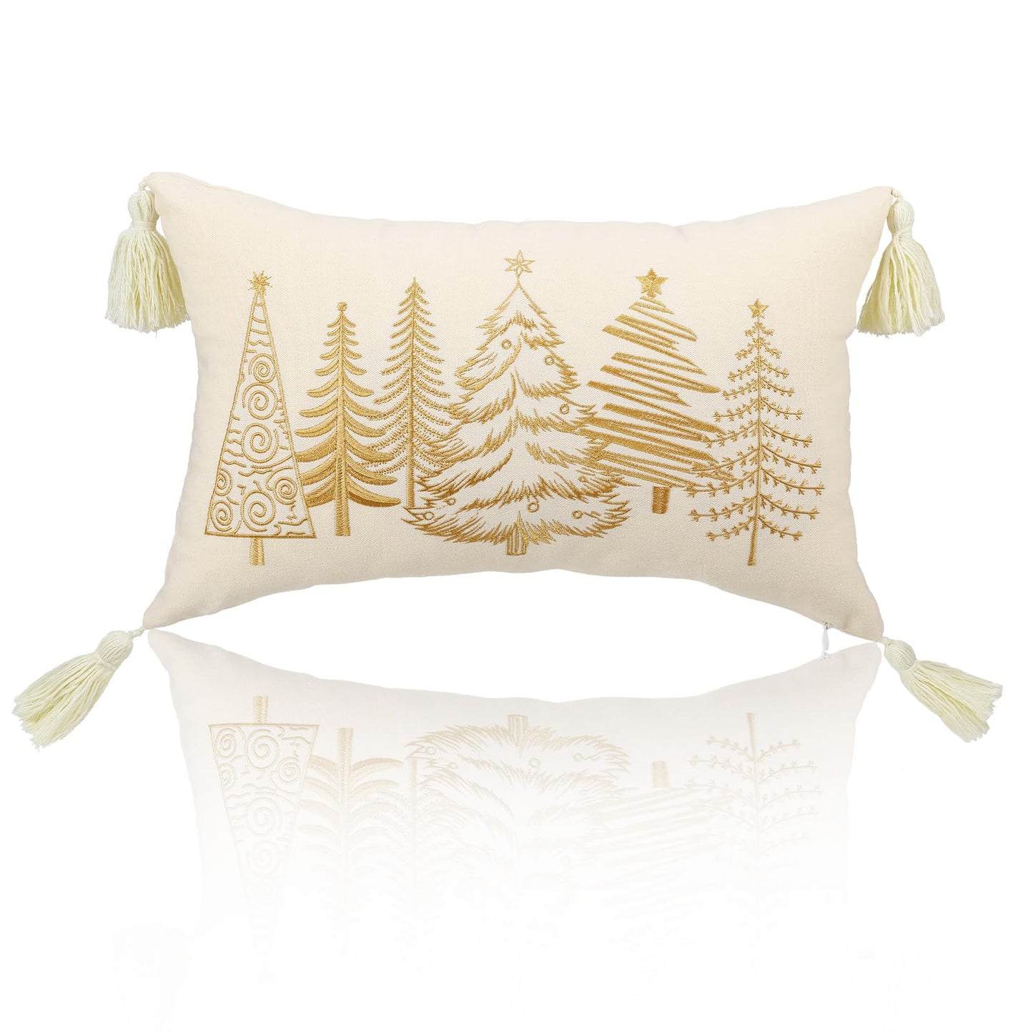 Lewondr Christmas Pillow Cover, 12x20 Inch 1PCS Soft Canvas Embroidery Trees Brown White Decorative Pillow Cover with Tassel Luxury Throw Pillow Case for Bed Home Decor Living Room, Beige
