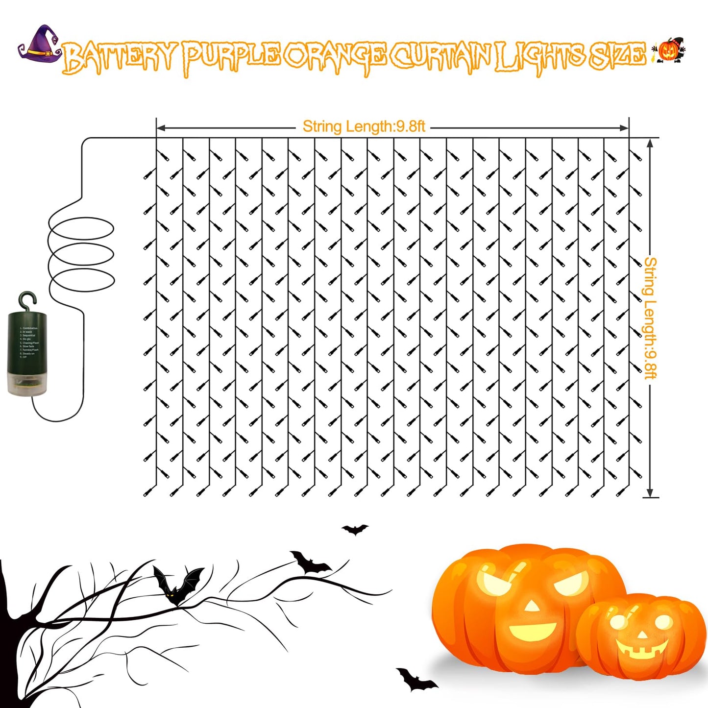 DealBeta Battery Curtain Lights Halloween Purple Orange with Remote 9.8×9.8ft