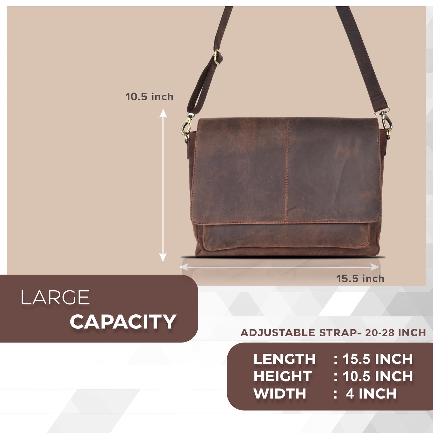 Oak Leathers Leather Messenger Bag for Men and Women - Laptop Briefcase Bag For College, Office, Adjustable Shoulder Strap (Wood)
