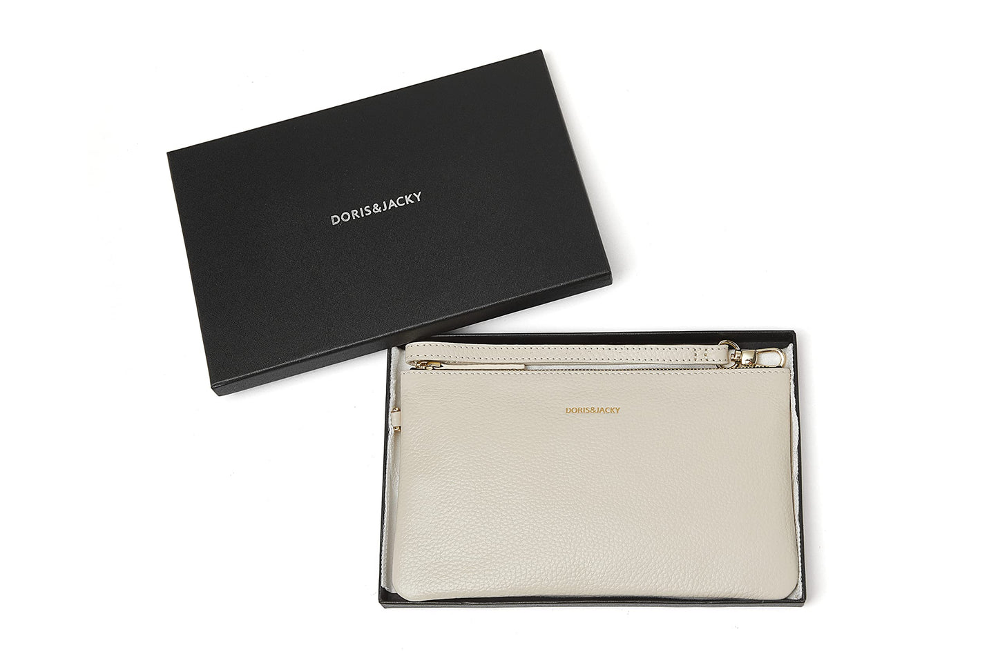 DORIS&JACKY Small Leather Wristlet Clutch Purse for Women Slim Designer Wallet and Cellphone Pouch Bag With Detachable Strap (Off White)
