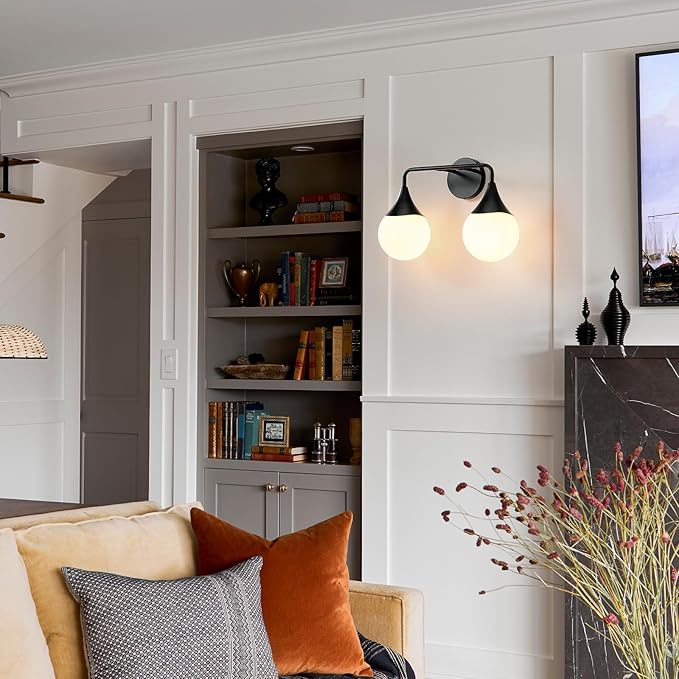 Bathroom Vanity Light Fixtures: 2 Lights Mid Century Farmhouse Bathroom Lighting Fixtures Over Mirror - Matte Black Wall Sconces with Frosted Globe Glass for Hallway Restroom