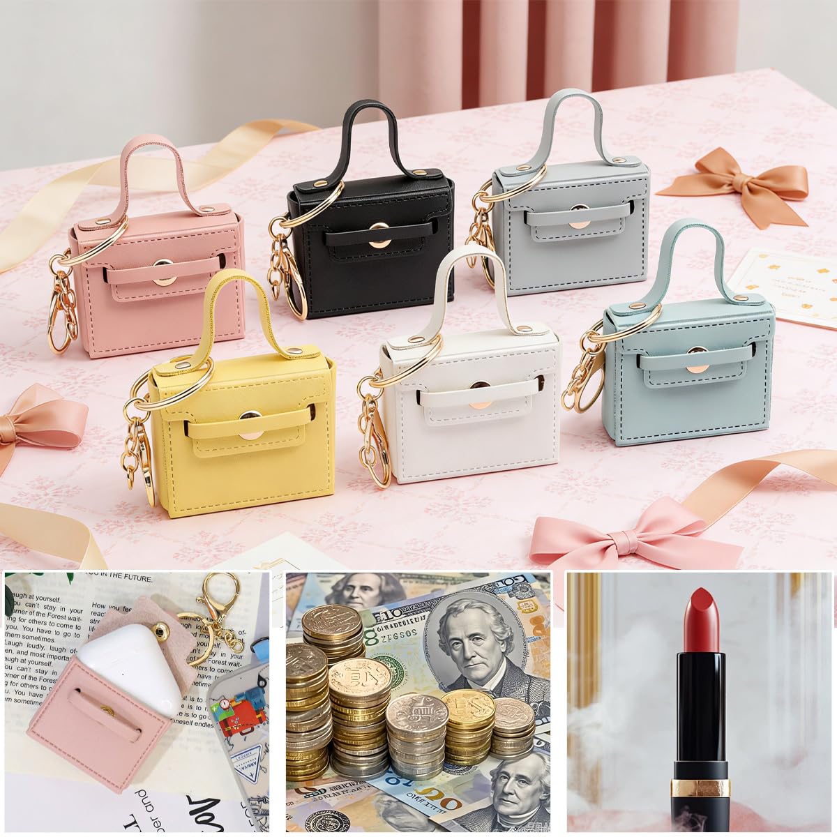 KuuGuu 6 PCS Mini Backpack Keychain Super Smalls Makeup Bag Cute Coin Wallet PU Leather Lipstick Bag Card Holder Data Cable Organizer Fashion Bag Charms Accessories for Women Girls (Style 6)