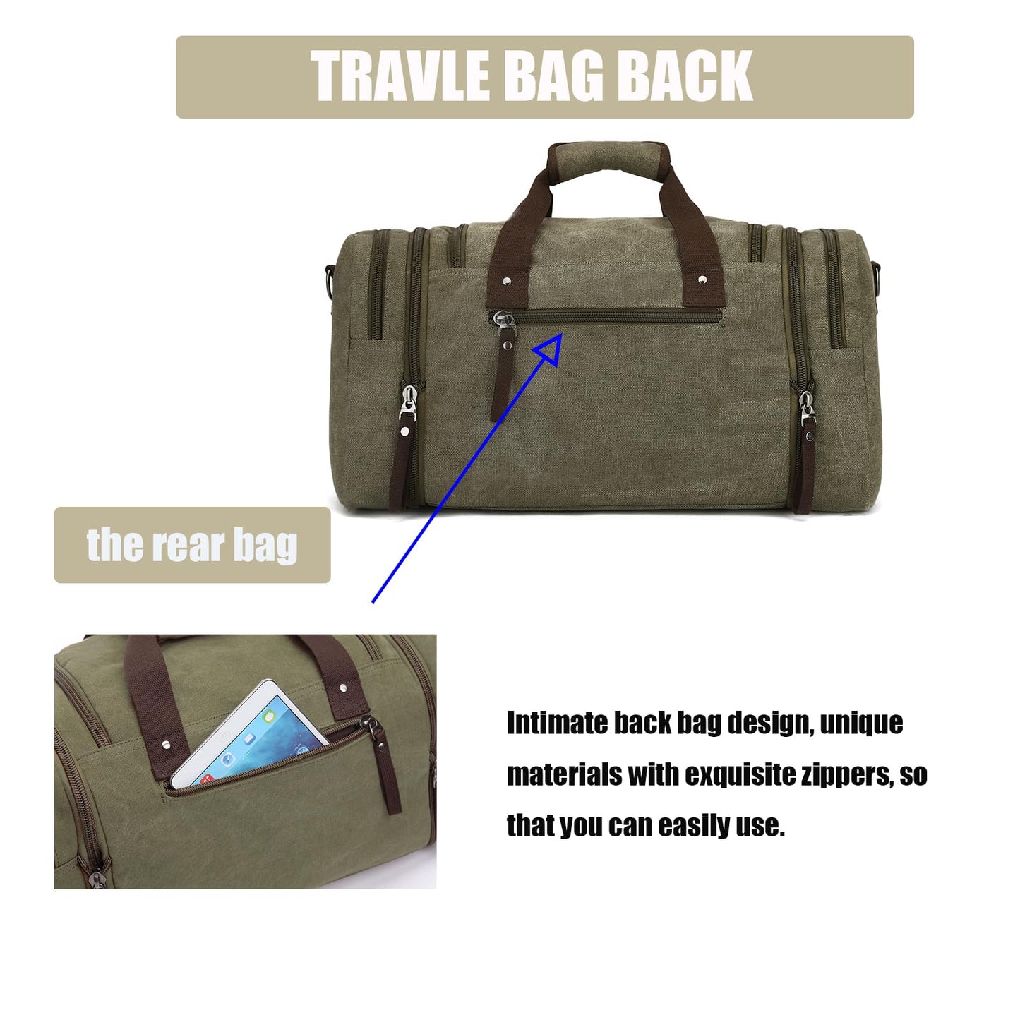 Travel bag large capacity men's luggage bag, expandable canvas leather 55 liters large capacity weekend hiking waterproof(green)