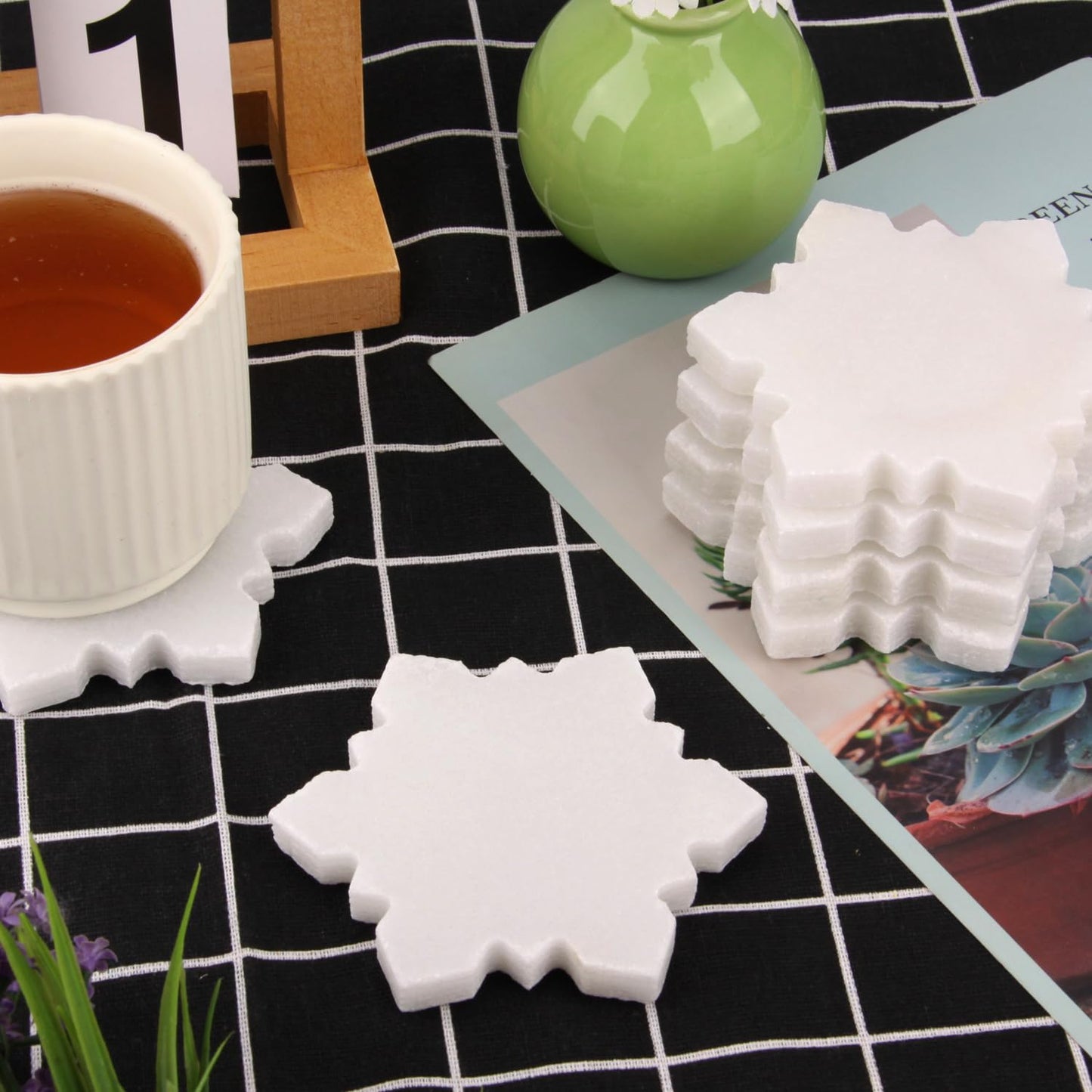 Marble Coasters Set of 6-4 Inch Snowflake Design White Natural Stone Drink Coasters, Modern Luxury Outdoor Cup Coaster Table Protection for Coffee Tab (6, 4 Inch) (6, White, Snowflake)