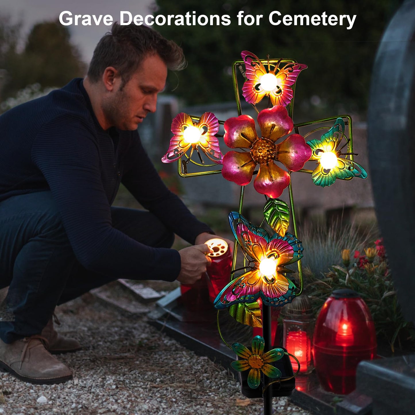 Solar Cross Garden Lights, 2 Pack Solar Butterfly Stake Lights Cemetery Decorations for Grave, Jesus Cross Sympathy Memorial Gifts for Mother Grandma, Metal Garden Art for Yard Lawn Patio Decor