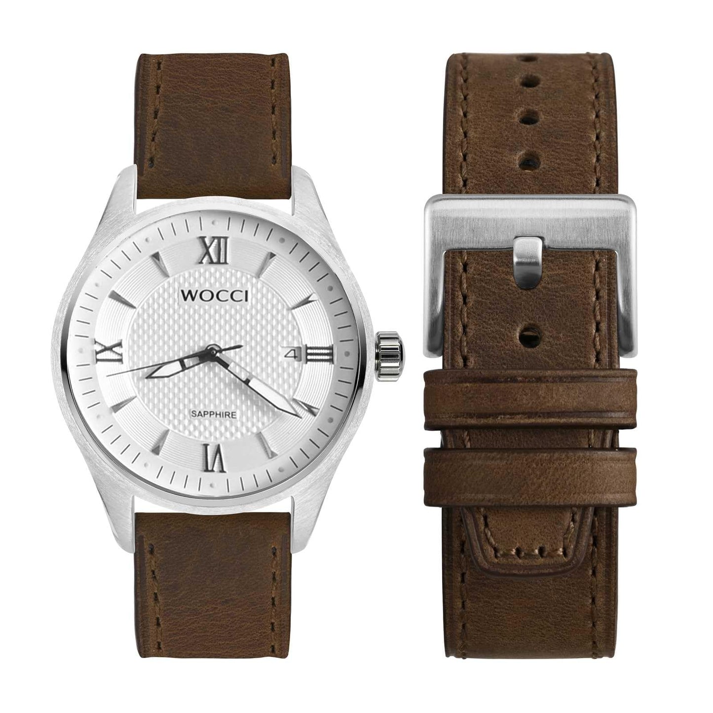 WOCCI 20mm Elite Watch Band, Top Grain Leather, Quick Release, Silver Buckle (Dark Brown)
