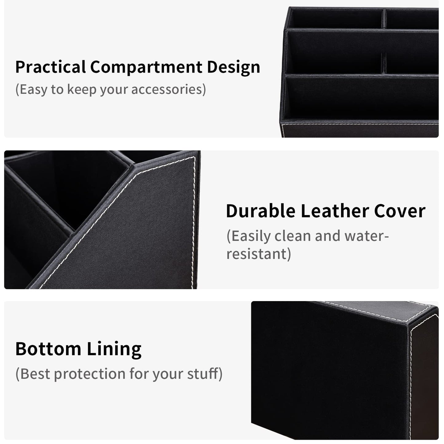 KINGFOM Pu Leather Desk Organizer with 5 Compartments Holder, Multi-Functional Office Supplies Storage Caddy for Pen/Pencil, Phones, Remote Controller and Desktop Accessorie Black
