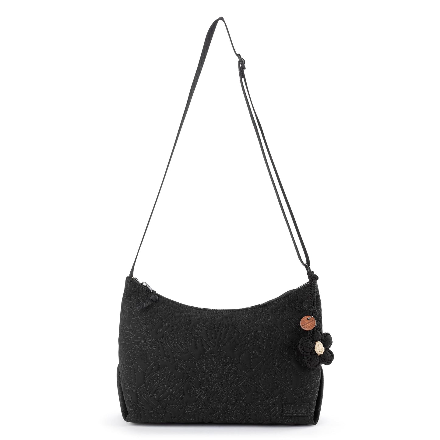 Sakroots Banyan Hobo – Shoulder bag with Zipper Closure, Back Zipper Pocket, detachable key dangle. Lightweight Travel, Work, or Everyday Hobo for Women - Black Flower Blossom Quilt