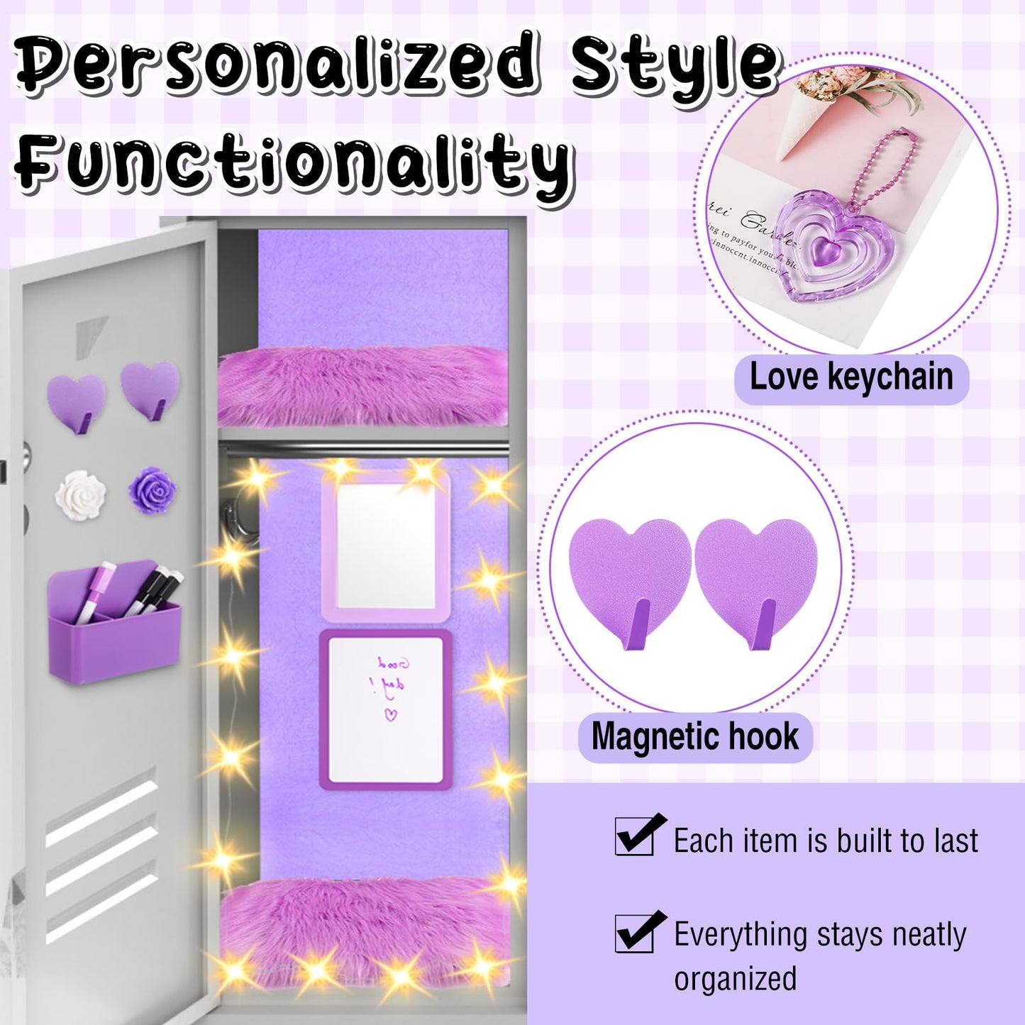 Wonderjune 12 Pcs Locker Accessories Kit Magnetic Mirror Whiteboard Pen Holder Magnet Hook Locker Wallpaper Rug Keychain Marker String Light for Back to School Essentials Decorations (Purple)