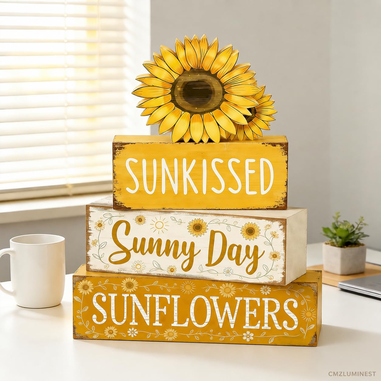 4 Pcs Sunflower Decor, Summer Rustic Farmhouse Tiered Tray Signs, Yellow Wooden Block Decorations with Sunkissed Sunny Day for Home Kitchen Office Coffee Bar Fireplace Mantel Floating Shelf