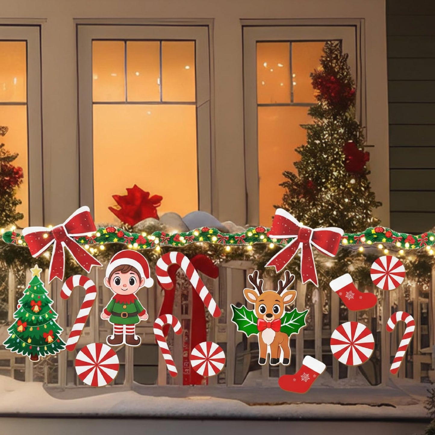 Seeloowy 22 Pcs Christmas Fence Decorations Outdoor Xmas Garland Deer Gingerbread Peppermint Candy Yard Signs with LED String Lights for Christmas Holiday Outside Lawn Garden Window DIY Decor