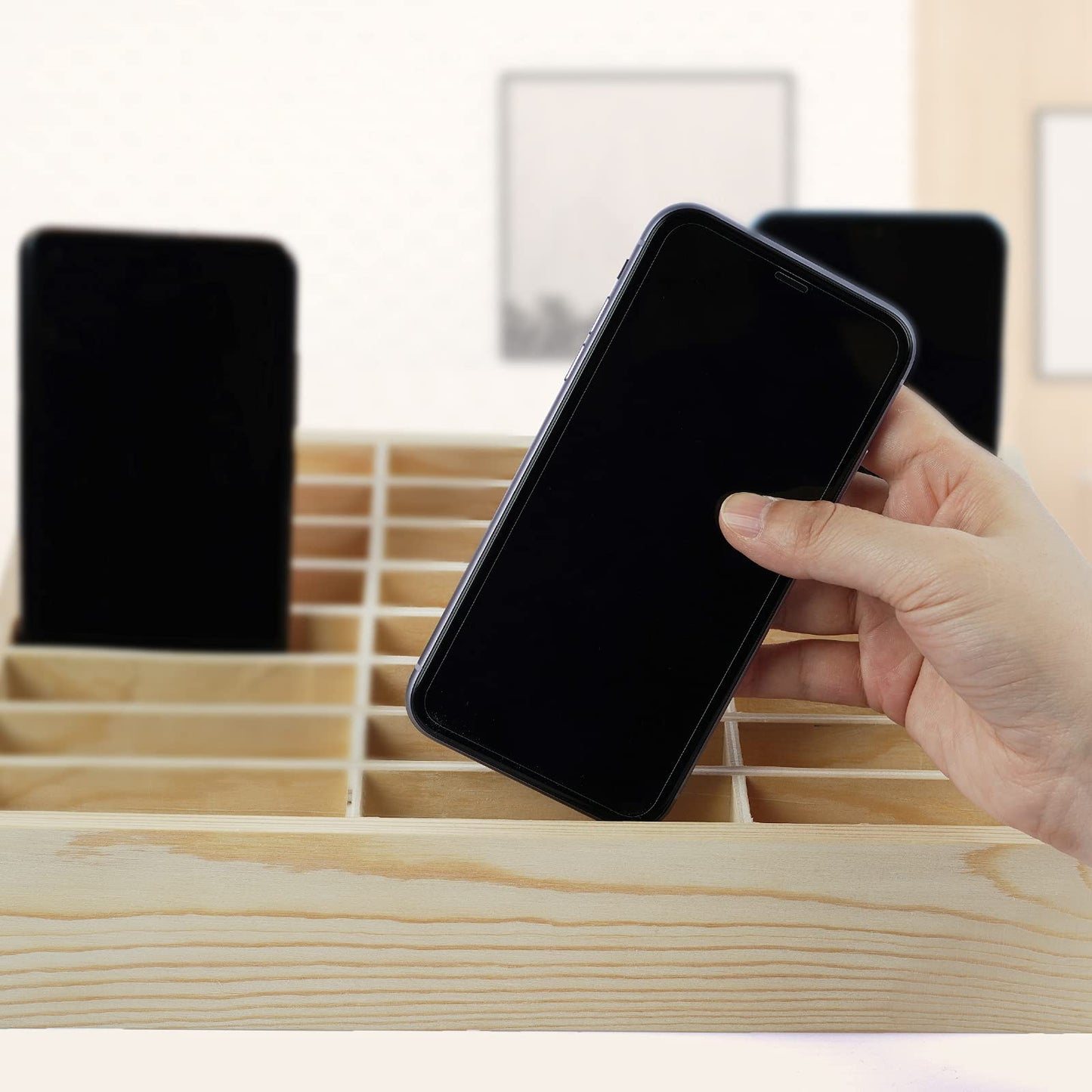 Ozzptuu 24-Grid Wooden Cell Phone Holder Desktop Organizer Storage Box for Classroom Office (24-Grid)