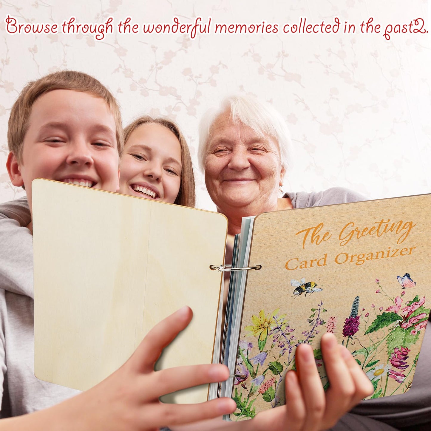 Suzile 2 Packs 9x6.5 Inch Greeting Card Organizer Book Wood Floral Card Organizer Album Binder, Keepsake Storage Holder Gift for Wedding Anniversary Mother's Day Holiday Memory Photo Collection