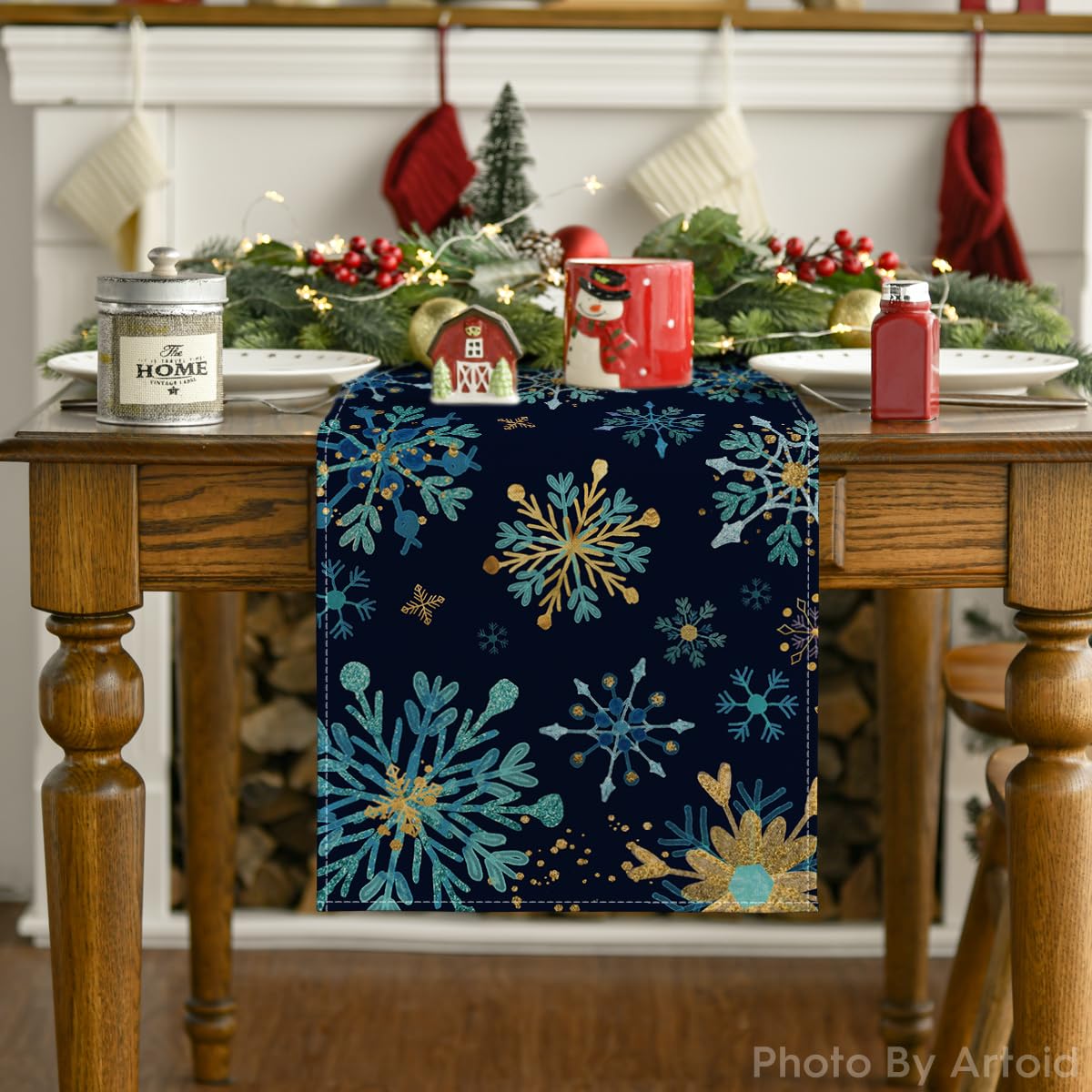 Artoid Mode Blue Snowflakes Hexagon Winter Table Runner, Seasonal Christmas Kitchen Dining Table Decoration for Outdoor Home Party 13x90 Inch