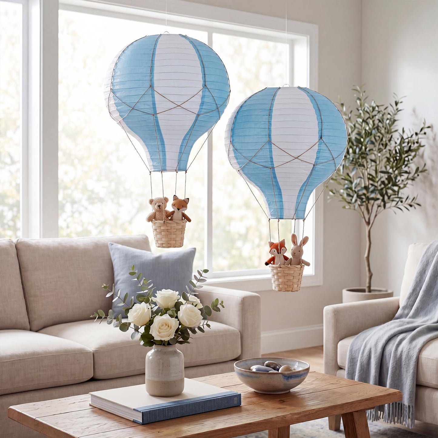 Meooeck 2 Pcs Hanging Hot Air Balloon Nursery Decor 15.7 Inch Paper Hot Air Balloon Centerpieces Reusable Paper Lanterns Set for DIY Craft Wedding Birthday Christmas Living Room Home, Blue White