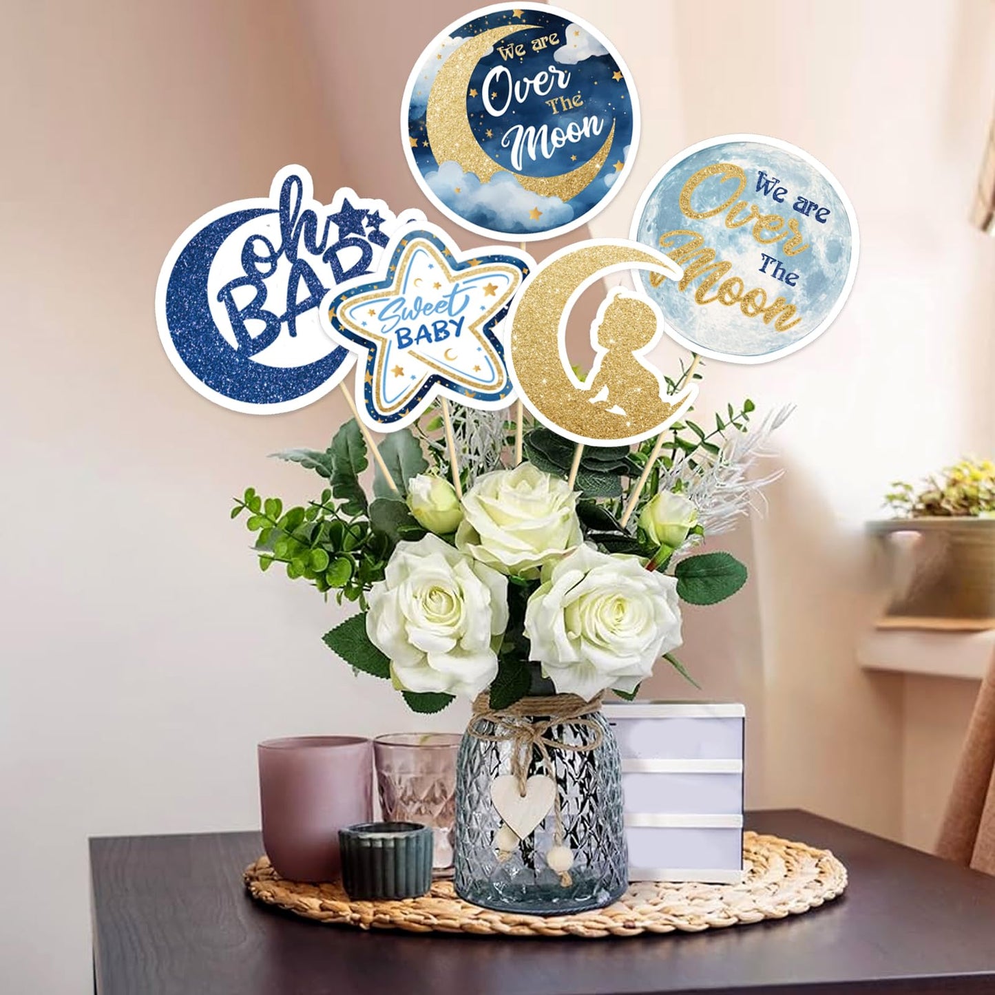 Little Star Oh Baby Centerpiece Sticks - We are Over the Moon Baby Shower Party Table Toppers - Girl Boy Baby 1st Birthday Party Decorations - Set of 15
