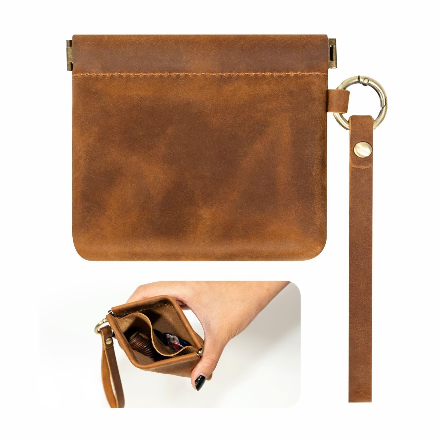 Leather Coin Purse with Wristlet, Aesthestyle Coin Pouch with Dual Interlayer, Card and Change Holder, Easy Clip on without Zipper, Squeeze Coin Wallet, Handmade Genuine Leather Wallet For Men/Women