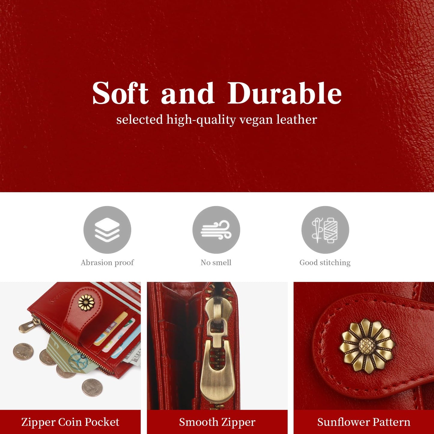 Blucoay Small Wallet Women,Microfiber Leather Compact Bifold Wallet Women RFID Blocking Card Holder With Removable ID Window(winered)