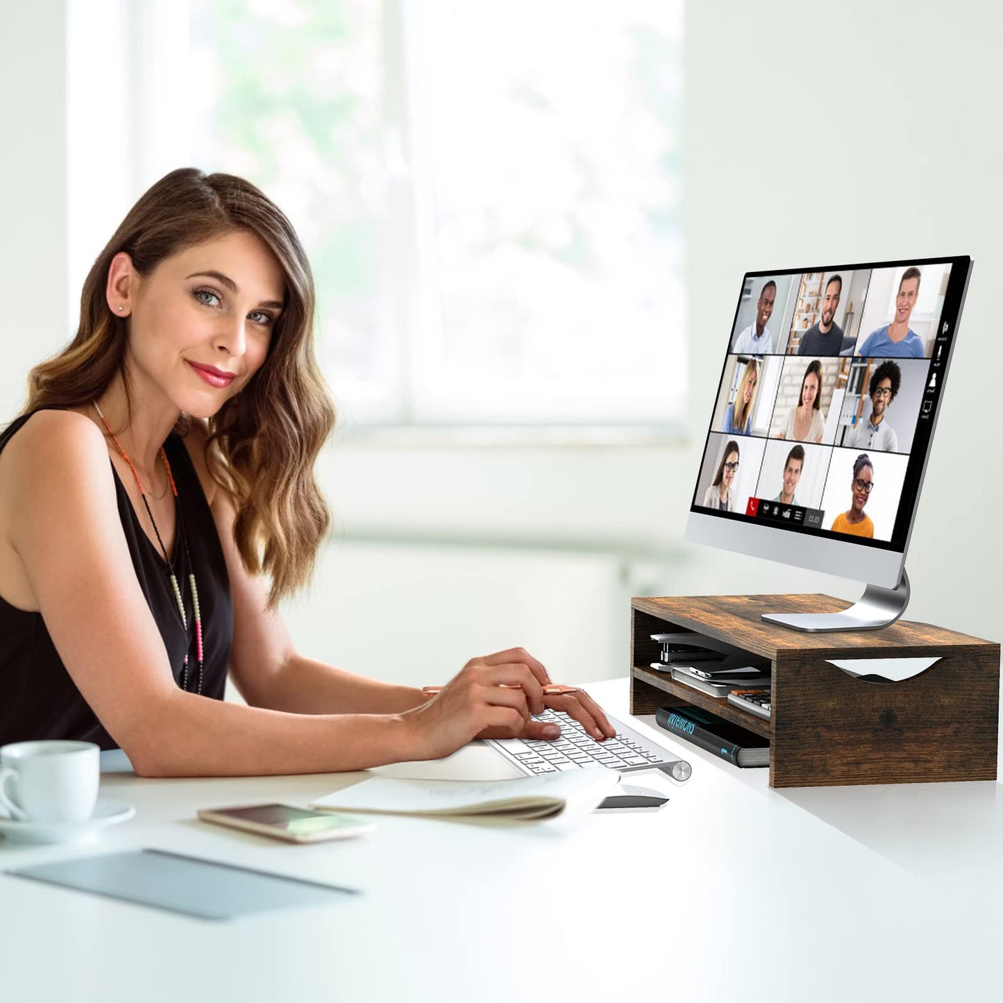 Mountory Monitor Stand Riser, 2 Tiers Wood Monitor Riser Stand with Desktop Shelf Storage Organizer, Ergonomic Desk & Tabletop Organizer Desktop Stand for Laptop Computer, MacBook, PC(Rustic Brown)