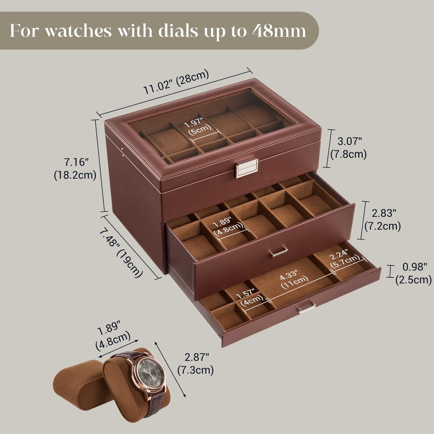 ProCase 20 Slot Watch Box for Men, 3-Layer Watch Display Case with Glass Lid, Watch Holder with Drawer, Jewelry Storage Organizer for Watches Straps Rings, Fathers Day Gift -Brown