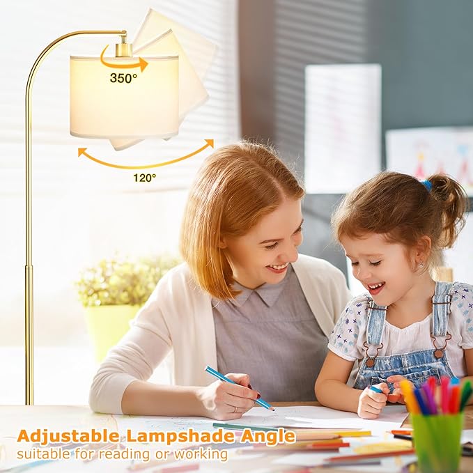 Arc Floor Lamp with Remote and Stepless Dimmable Bulb, Colors Temperature & Brightness Adjustable, Floor Lamps for Living Room(White Shade & Gold Pole)